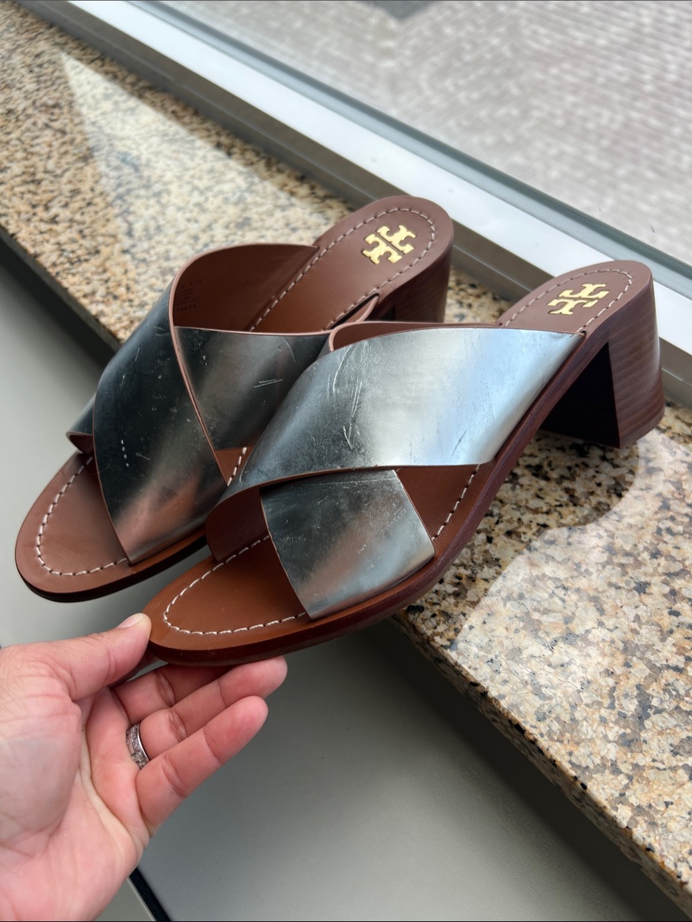 Tory Burch Silver Metallic Crisscross Leather Mules